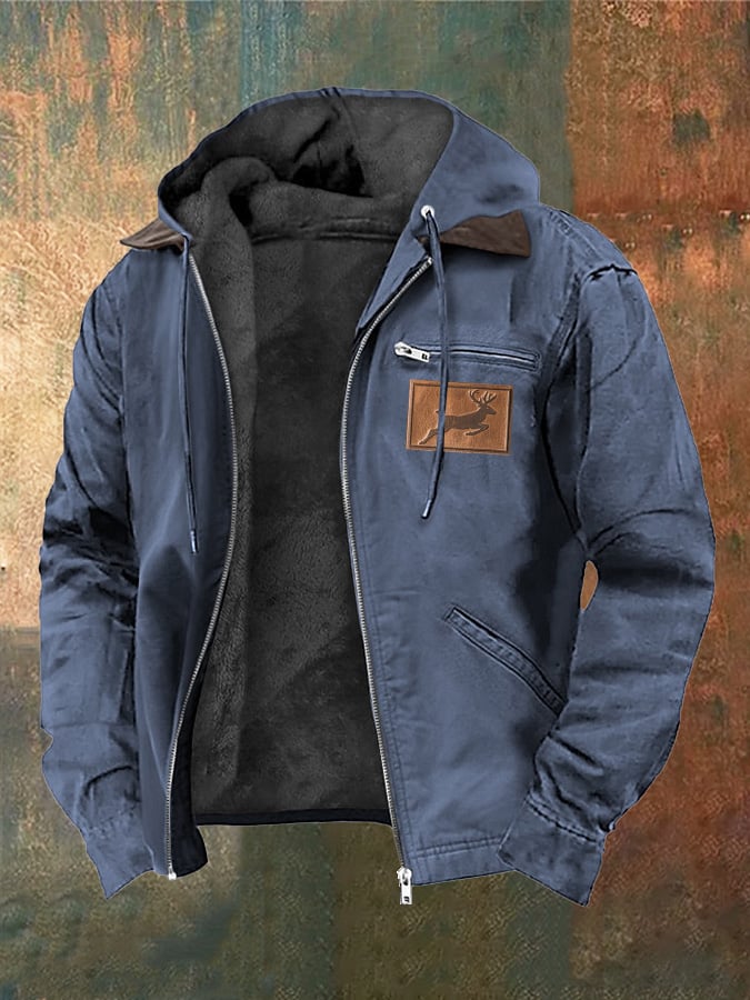 Men's Vintage Plush Western Elk Print Zipper Jacket