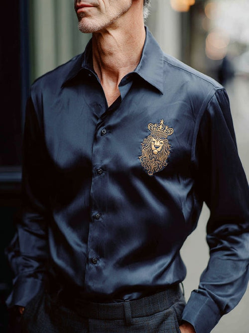 Men's Satin Luxe Crown Logo Button Long Sleeve Shirt