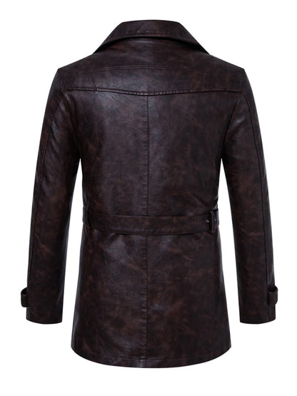 Men'S Stylish Suit Collar Mid-Length With Belt Casual Leather Trench Coat