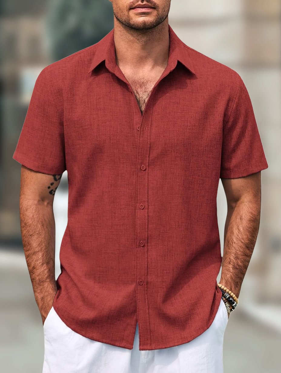 Men's Retro Casual Short Sleeve Faux Linen Lapel Shirt