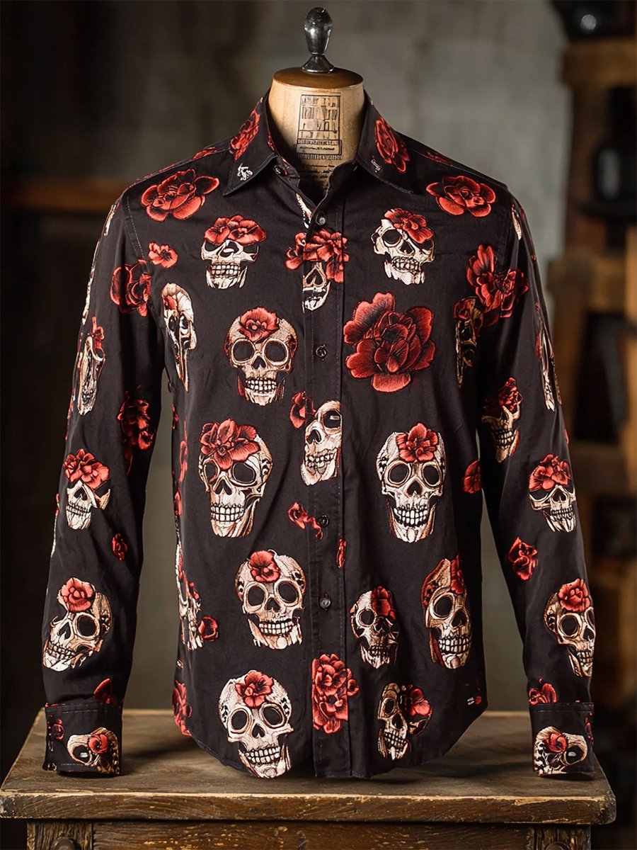Men's Retro Casual Skull Print Long Sleeve Shirt