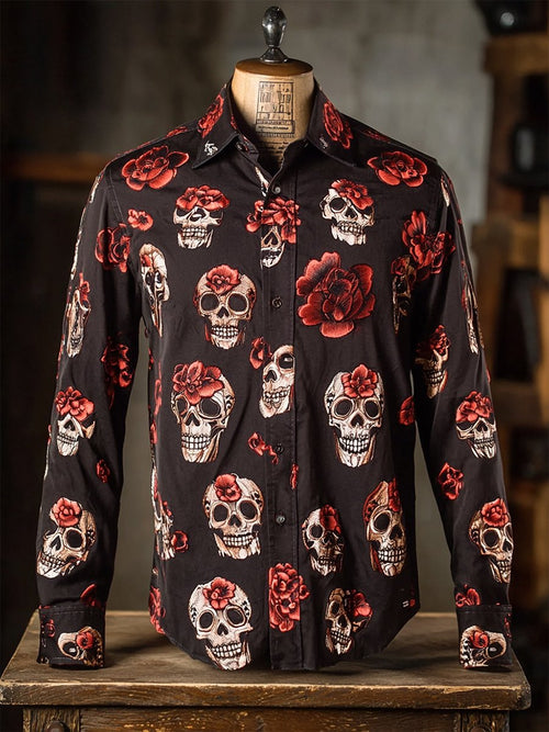 Men's Retro Casual Skull Print Long Sleeve Shirt