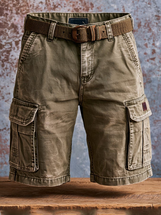Men's Retro Outdoor Multi-Pocket 100% Cotton Washed Cargo Shorts