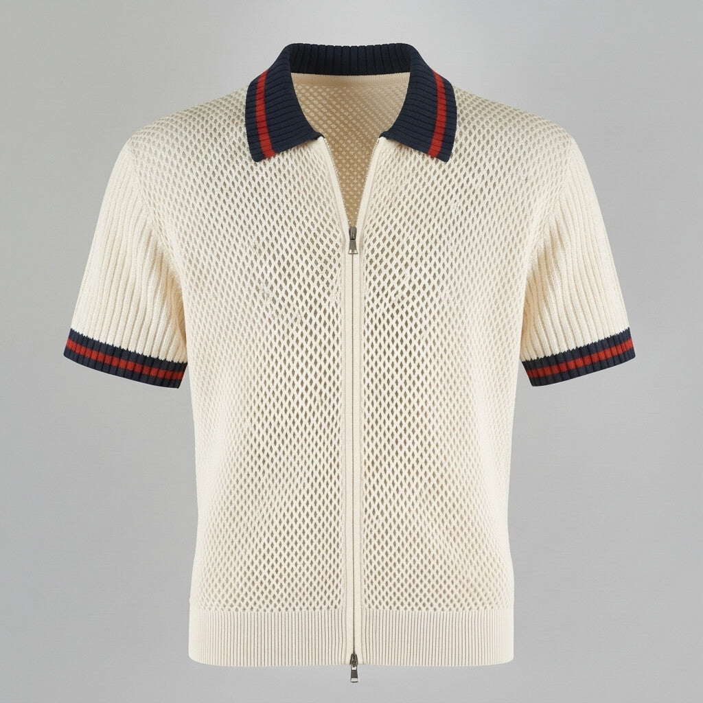 Men's Beige Zipper Contrast Binding Ribbed Turndown Collar Short Sleeve Shirt