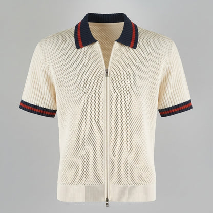 Men's Beige Zipper Contrast Binding Ribbed Turndown Collar Short Sleeve Shirt