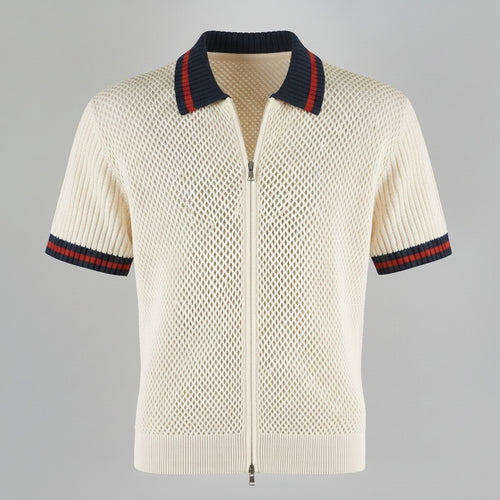Men's Beige Zipper Contrast Binding Ribbed Turndown Collar Short Sleeve Shirt