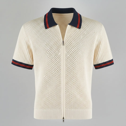 Men's Beige Zipper Contrast Binding Ribbed Turndown Collar Short Sleeve Shirt
