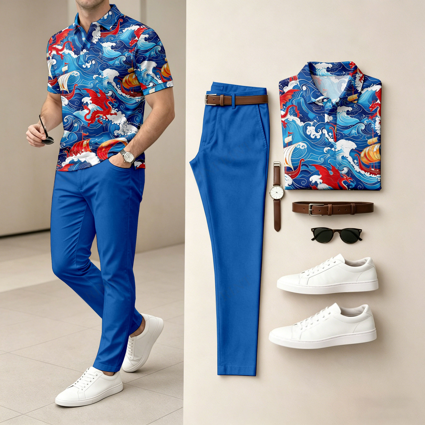 Men's Casual Color-Blocked Wave-Print Short-Sleeve Polo Shirt And Pants Set (Excludes Accessories Such As Watches And Belts)