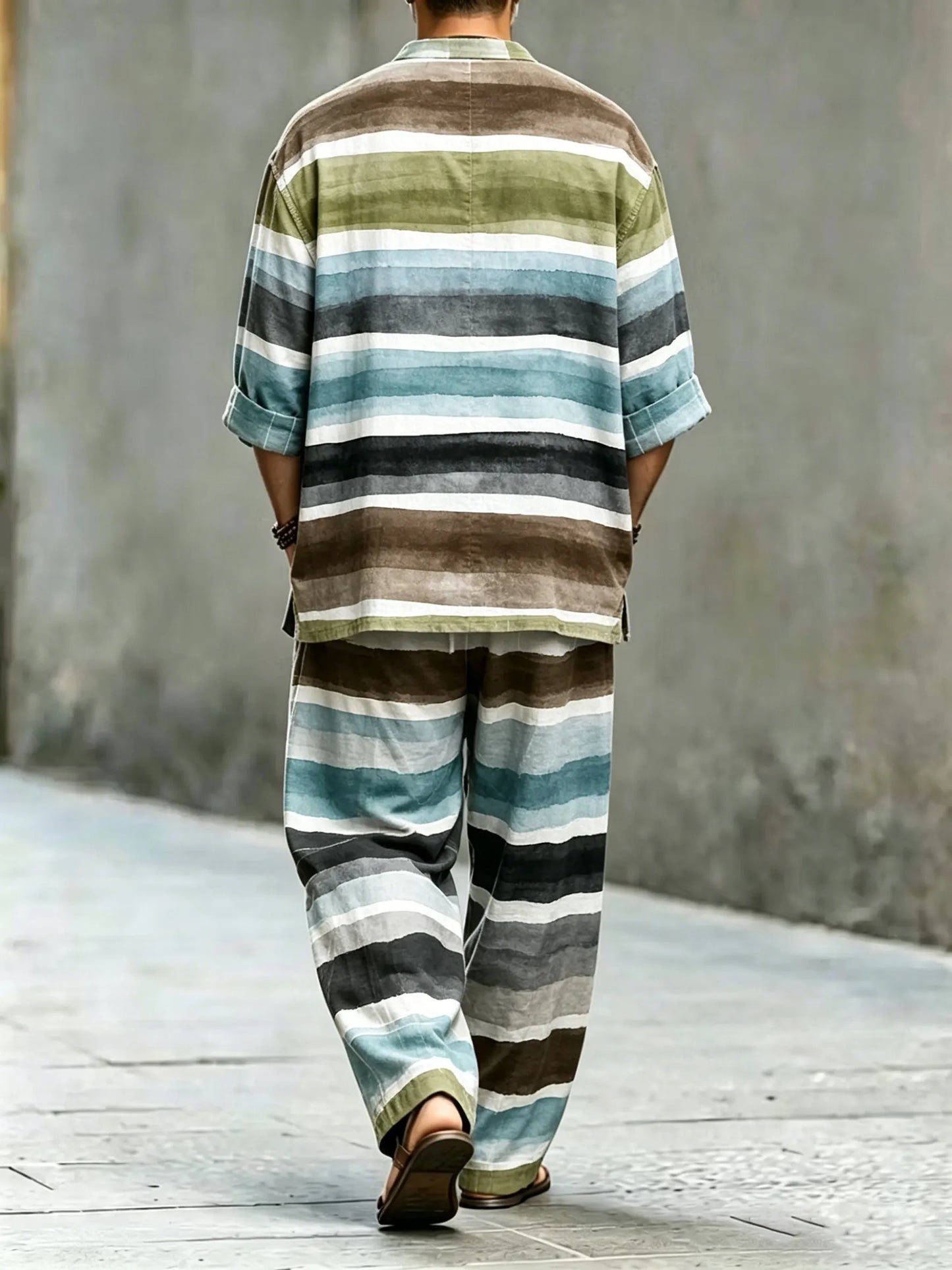 Men's Vintage Abstract Art Printed Cotton Shirt Set (Top & Pants)