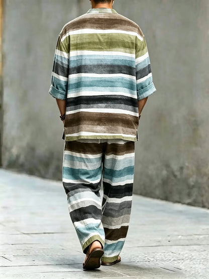 Men's Vintage Abstract Art Printed Cotton Shirt Set (Top & Pants)