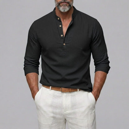 Men's Solid Color Stand Collar Half Placket Pullover Long Sleeve Shirt