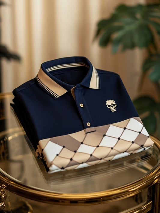 Men's Classic Business Check Halloween Skull Logo Button Short Sleeve Polo Shirt