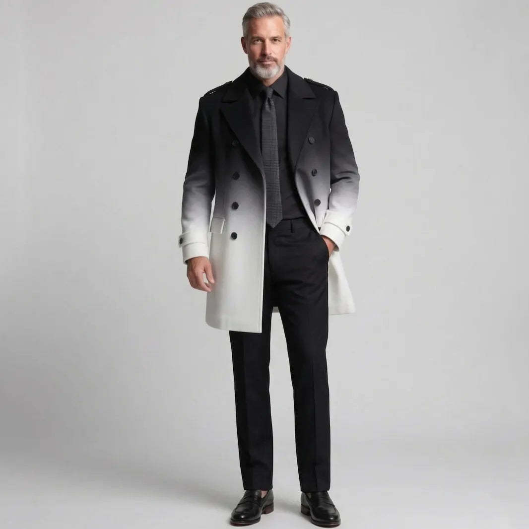 Men's Black And White Gradient Double Breasted Notch Lapel Woolen Trench Coat