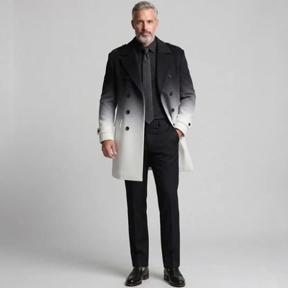 Men's Black And White Gradient Double Breasted Notch Lapel Woolen Trench Coat