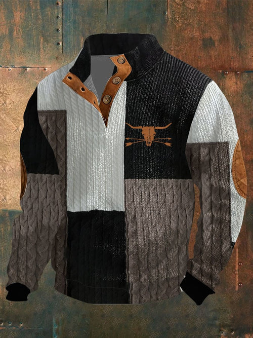 Men's Vintage Print Button Casual Long Sleeve Sweatshirt