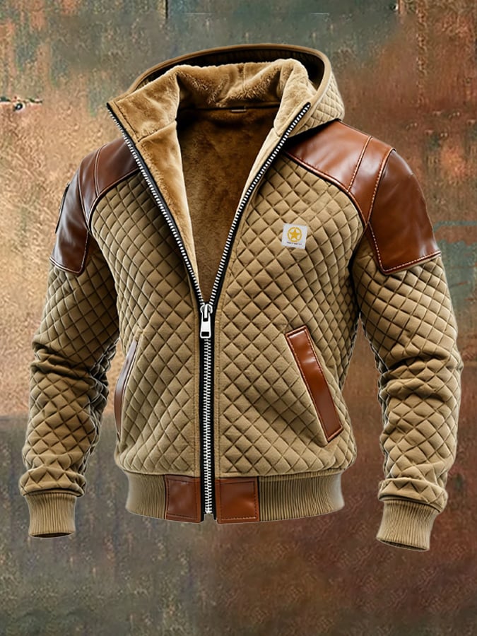 Men's Vintage Diamond Check Leather Outdoor Jacket