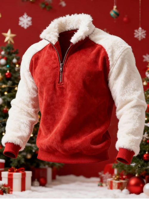 Men's Suede Warm Plush Color-Blocked Christmas Hooded Sweatshirt