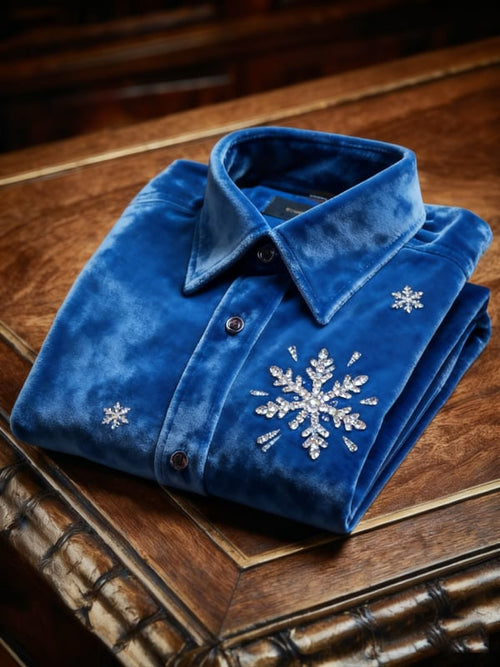 Men's Velvet Rhinestone Christmas Logo Casual Long Sleeve Shirt