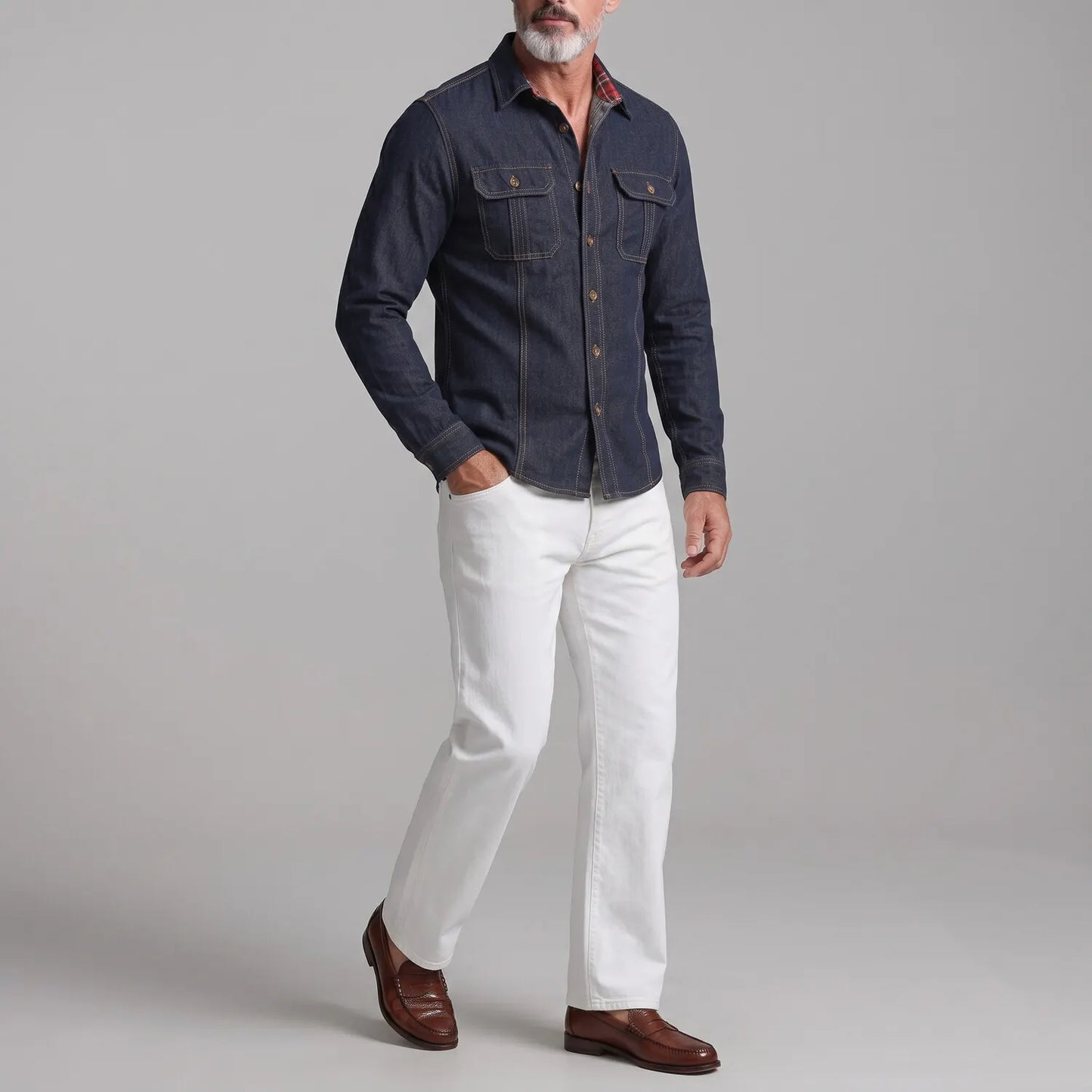 Men's Navy Blue Denim Chest Flap Pockets Button-up Long Sleeve Shirt