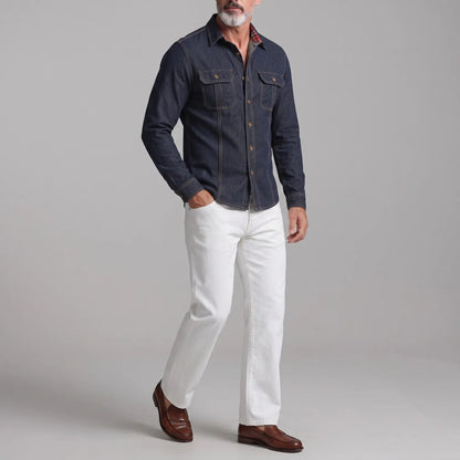 Men's Navy Blue Denim Chest Flap Pockets Button-up Long Sleeve Shirt