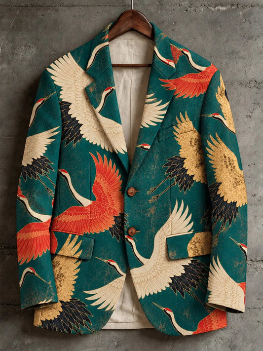 Men's Vintage Japanese-style Flying Crane Print Casual Blazer