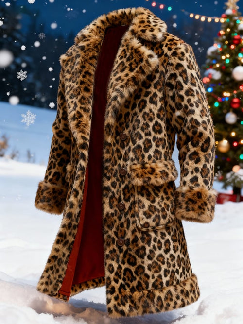 Men's Warm Plush Leopard Print Christmas Fur Collar Jacket