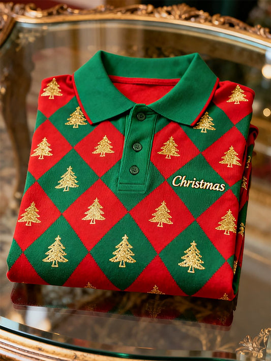 Men's Christmas Plaid Long Sleeve Polo Shirt