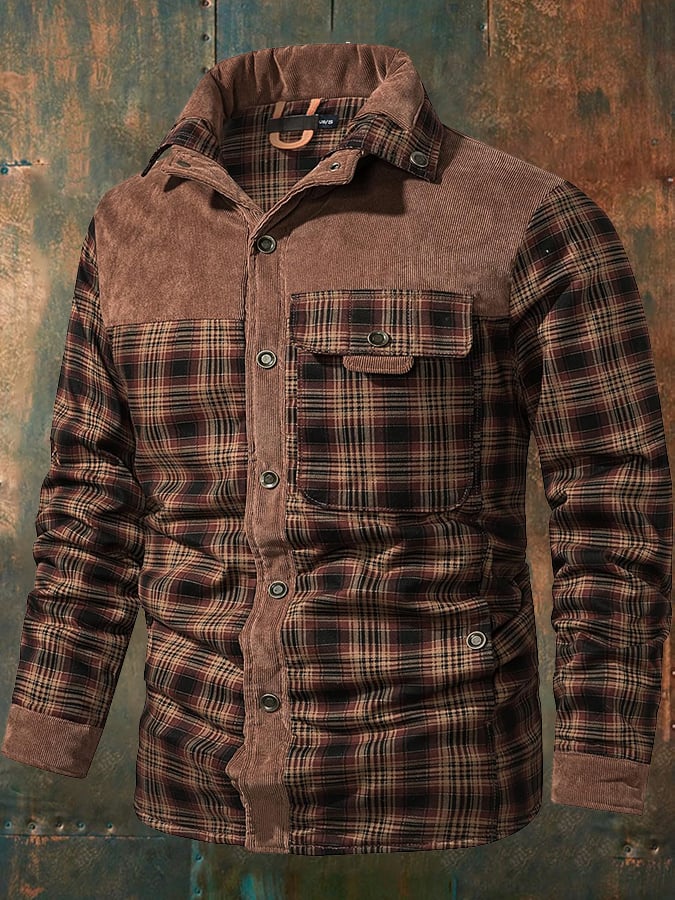 Men's Vintage Plaid Stand Collar Plus Velvet Autumn And Winter Jacket