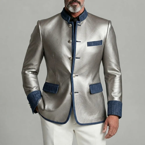 Men's Vintage Silver Mandarin Collar Single Breasted Denim Trim Slim Fit PU Leather Jacket