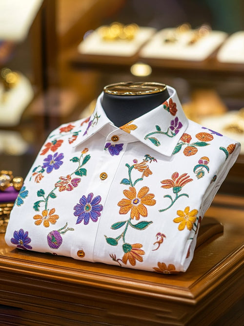Men's Business Casual Floral Lapel Short Sleeve Shirt