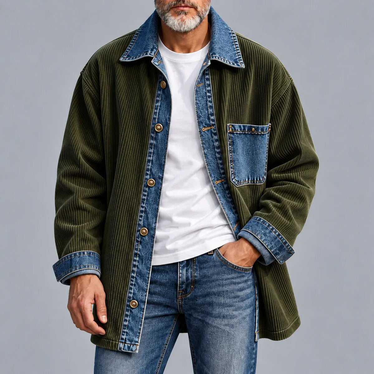 Men's Apricot Corduroy Denim Patchwork Chest Pocket Single Breasted Shirt Jacket