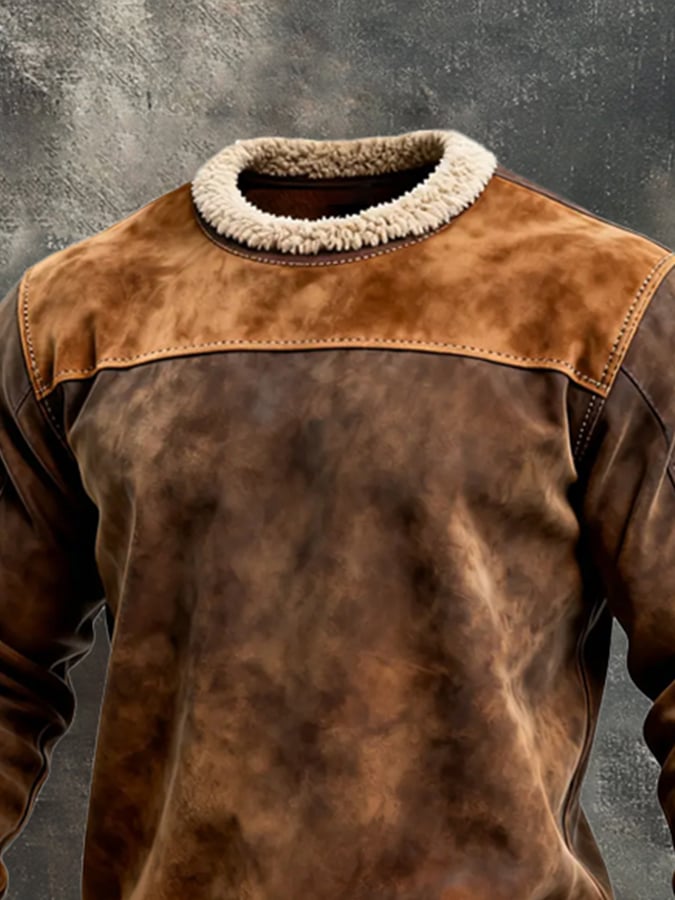 Men's Vintage Suede and Lambswool Collar Long Sleeve Sweatshirt