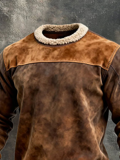 Men's Vintage Suede and Lambswool Collar Long Sleeve Sweatshirt