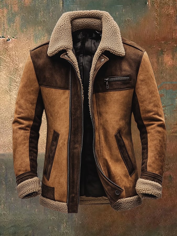 Men's Vintage Suede Patchwork Lamb Fleece Multi-Pocket Reverse Collar Outdoor Jacket Coat