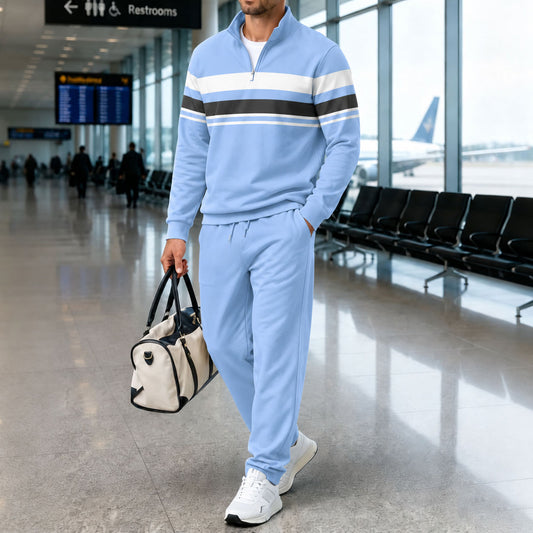 Men's Striped Stand-Up Collar Long-Sleeve Shirt and Pants Set