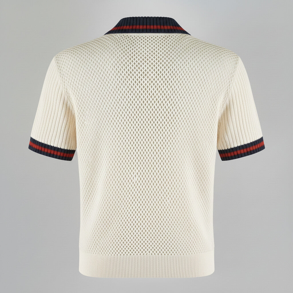 Men's Beige Zipper Contrast Binding Ribbed Turndown Collar Short Sleeve Shirt