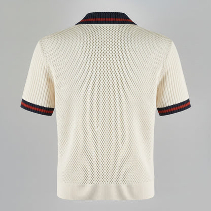 Men's Beige Zipper Contrast Binding Ribbed Turndown Collar Short Sleeve Shirt