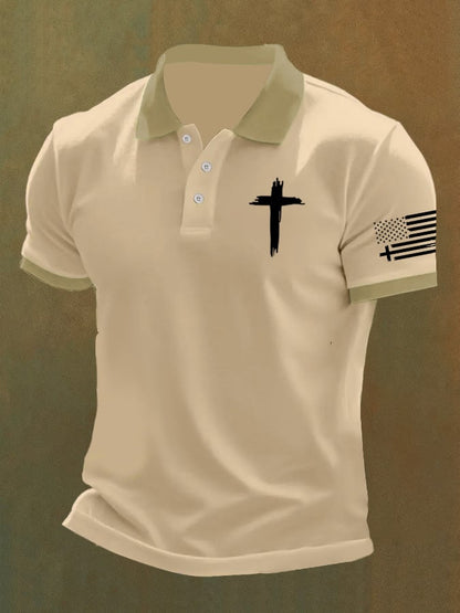 Men'S Flag Cross Print Casual Polo Shirt