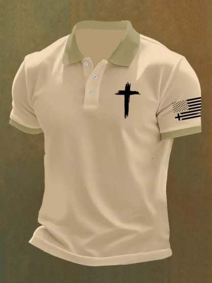 Men'S Flag Cross Print Casual Polo Shirt