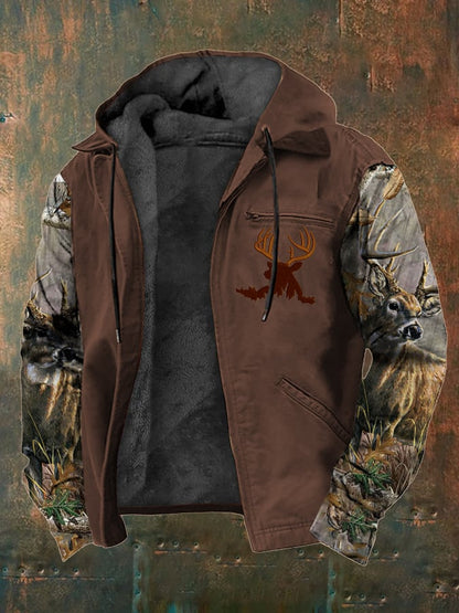 Men's Western Style Vintage Elk Plush Multi-Pocket Jacket