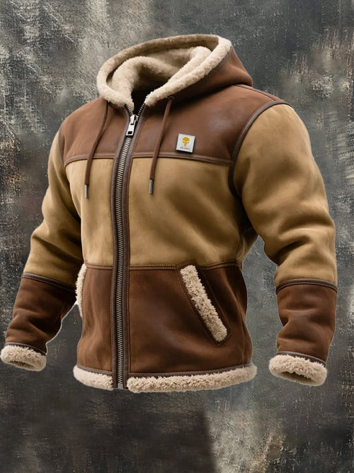 Men's Vintage Suede and Leather Hooded Warm Jacket