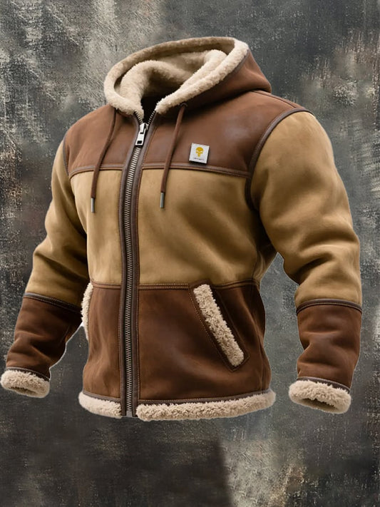 Men's Vintage Suede and Leather Hooded Warm Jacket