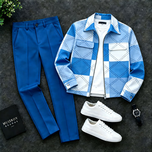 Men's Blue Checkered Two-Piece Set with Double-Pocket Jacket and Pants