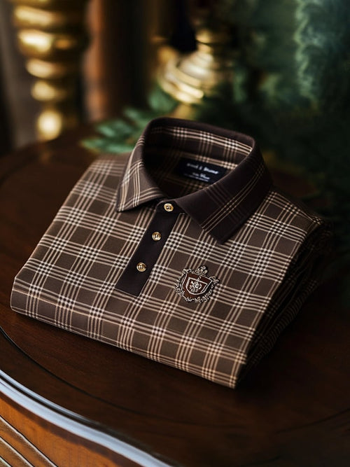 Men's Classic Business Check Logo Button Short Sleeve Polo Shirt