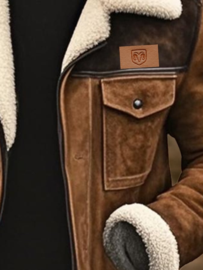 Men's Vintage Suede Patchwork Lamb Fleece Multi-Pocket Reverse Collar Outdoor Jacket Coat