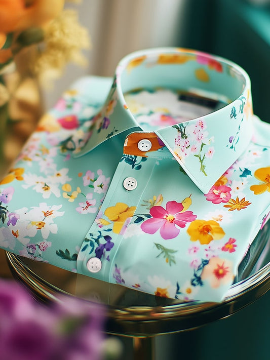 Men's Business Casual Floral Lapel Short Sleeve Shirt