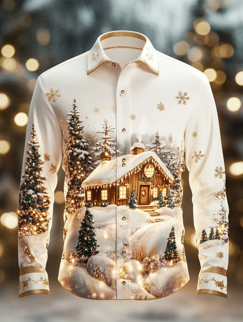 Men's Retro New Year Christmas Print Long Sleeve Shirt