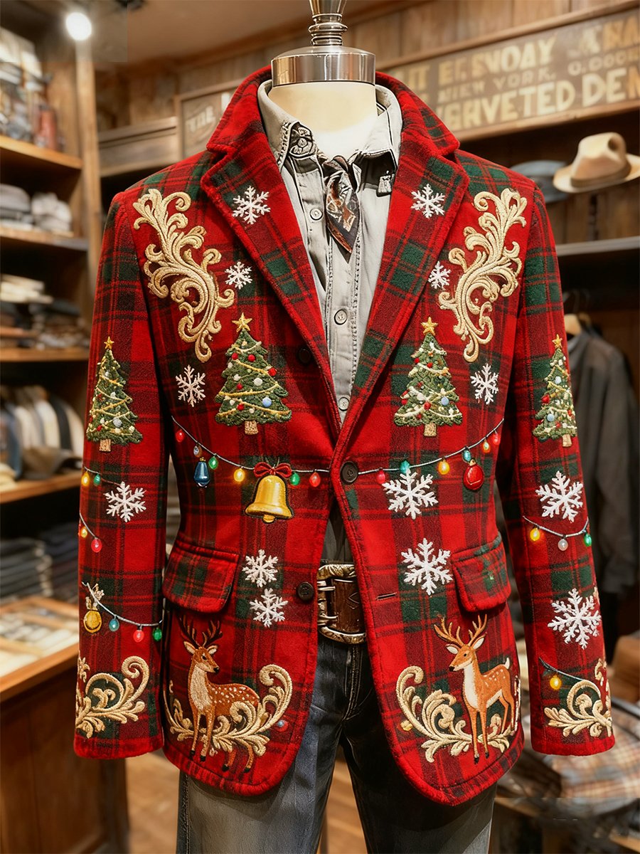 Men's Corduroy Christmas Plaid Print Lapel Suit Jacket