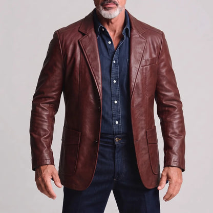 Men's Retro PU Leather Solid Color Notched Lapel Single Breasted Jacket