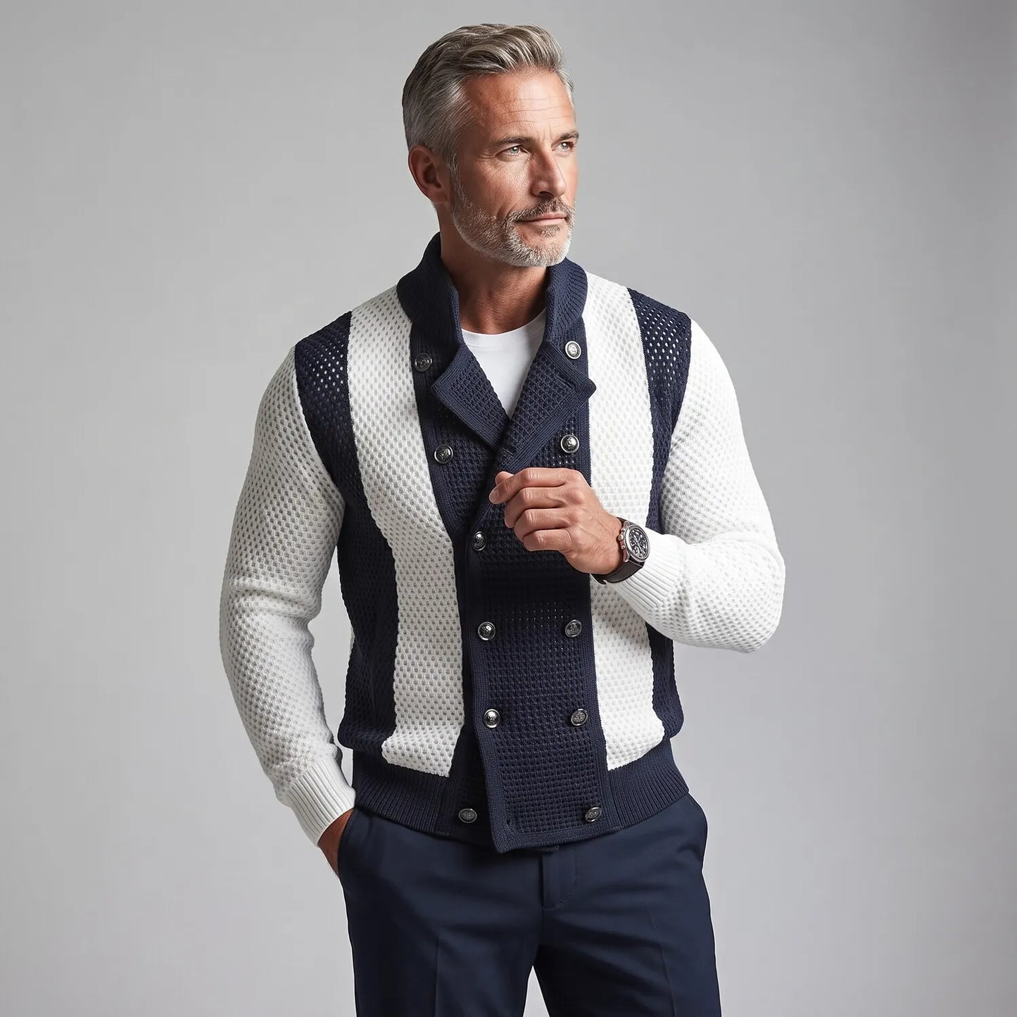 Men's Colorblock Stand Collar Double-Breasted Mesh Hollow Out Cardigan